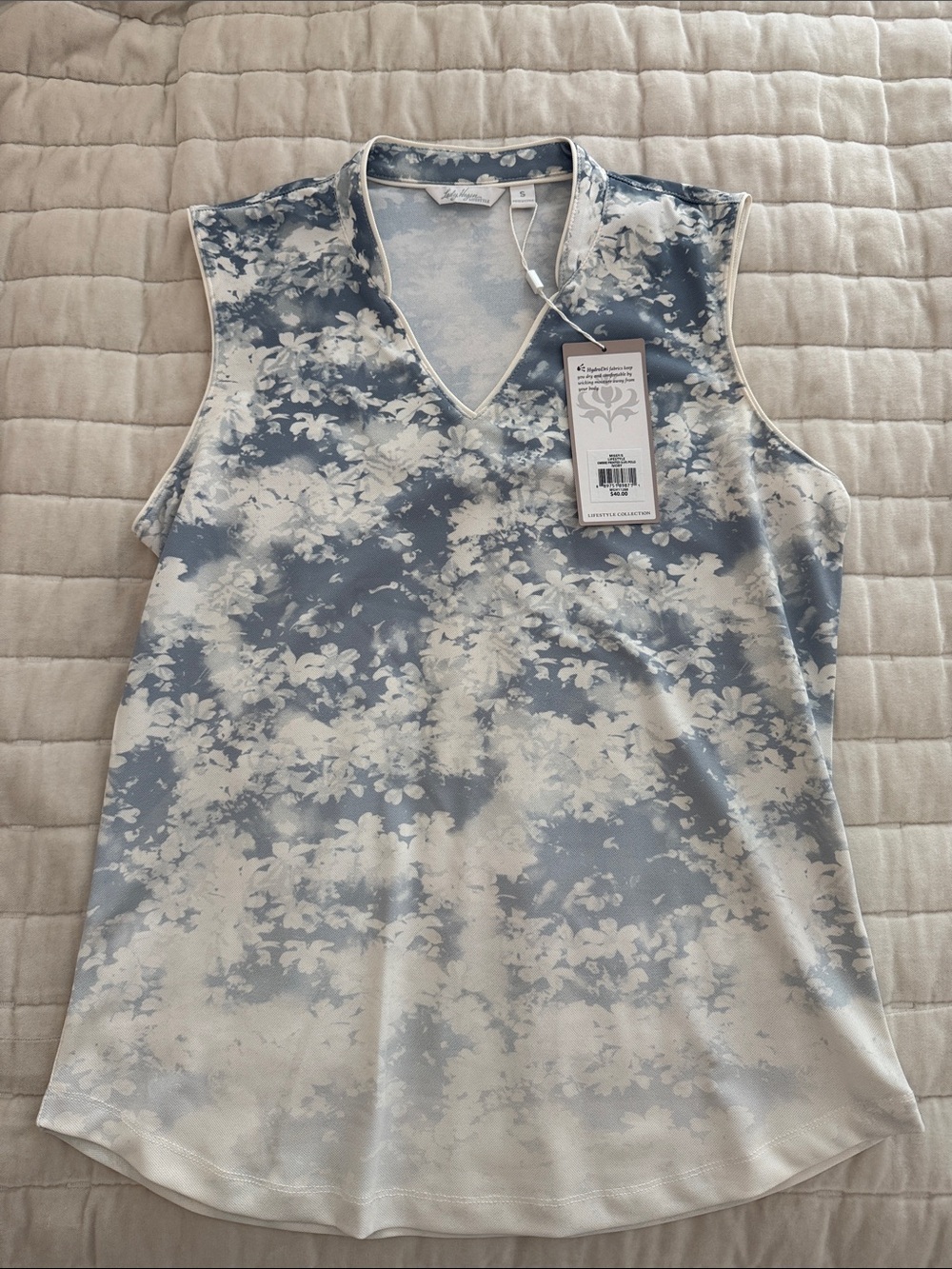 NWT Lady Hagen Sleeveless V-Neck Floral Print golf shirt - Blue & White
